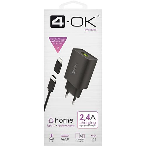 Carregador 4-OK 2.4A USB para USB-C + Adaptador USB-C para Lightning