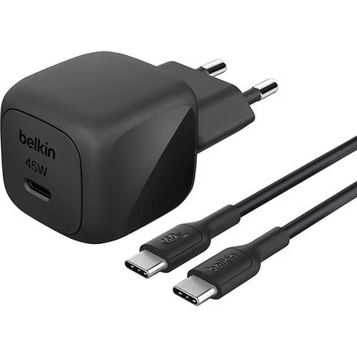 Carregador Belkin BoostCharge Compact USB-C PD 45W + Cabo USB-C/USB-C 1m - Preto