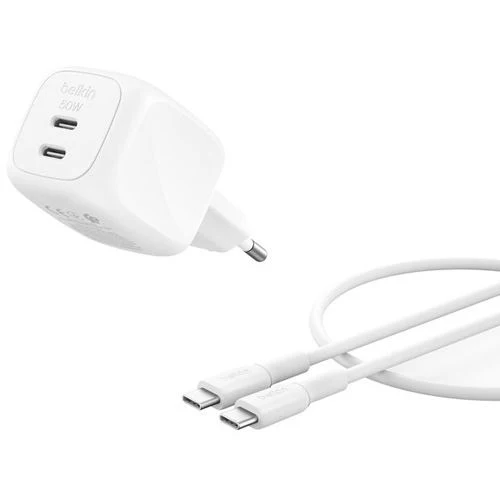 Carregador GaN Belkin BoostCharge Pro 50W + Cabo USB-C - Branco