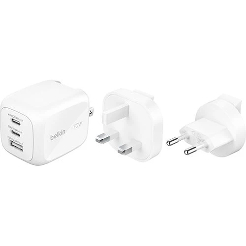 Carregador GaN USB+2xUSB-C Belkin BoostCharge Pro 70W - Adaptador Tomada UK+EU+US - Branco