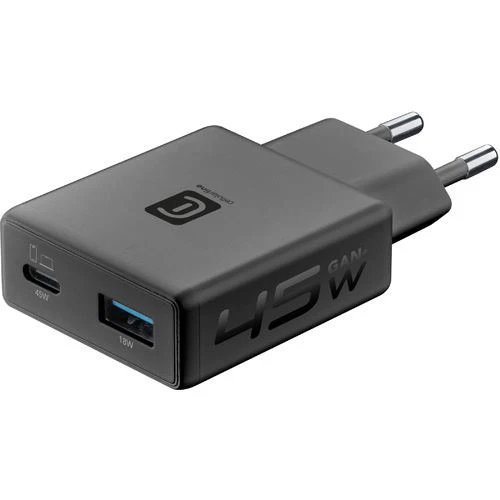 Carregador GaN+ USB+USB-C Cellularline Slim 65W - Preto
