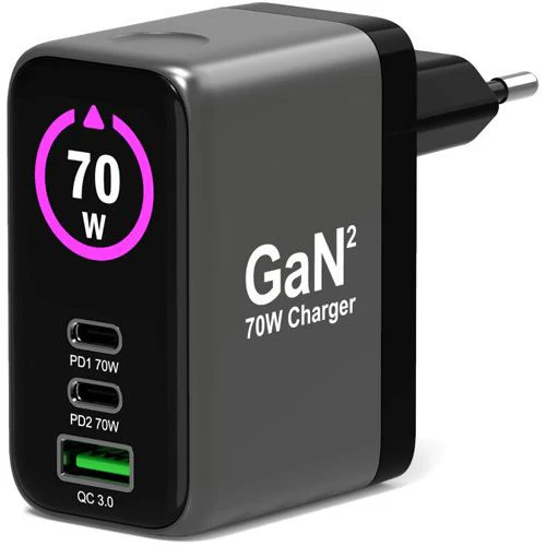 Carregador GaN2 USB+ 2 x USB-C Port - 70W - Preto
