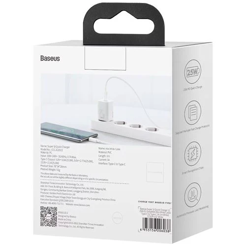 Carregador Rápido USB-C Baseus Super SI 25W + Cabo USB-C 1m - Branco - Image 8