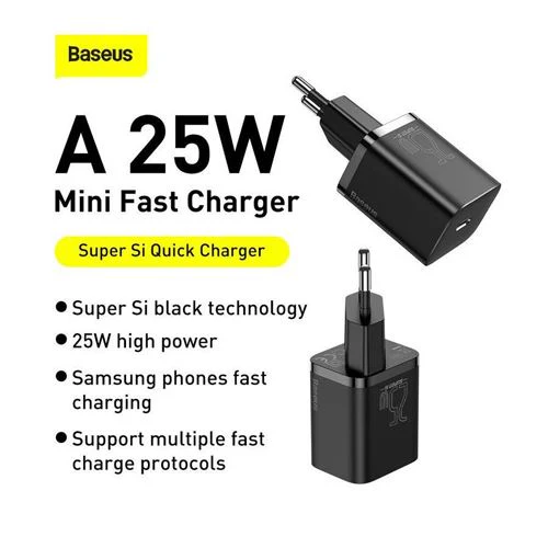 Carregador Rápido USB-C Baseus Super SI 25W + Cabo USB-C 1m - Preto - Image 3