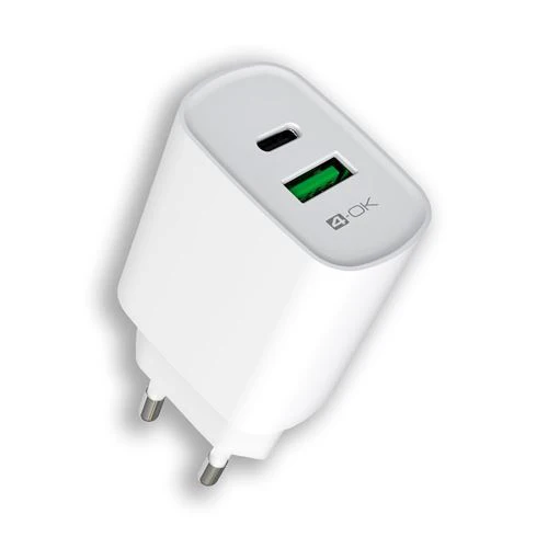 Carregador USB + USB-C com Power Delivery 4-Ok 20W - Branco