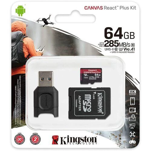 Cartão Micro SDXC Kingston 64GB React Plus + Adaptador Classe 10 U3 285MB/s - Image 2