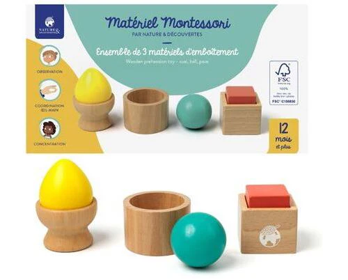 Conjunto de Três Peças de Encaixe em Madeira Montessori