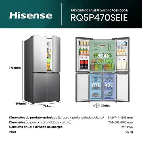 Frigorífico Americano Hisense Rq5P470Seie | 178,5X79,4X69,8 Cm | 483 L | E | Look Inox - Outlet - Grade B - Image 3