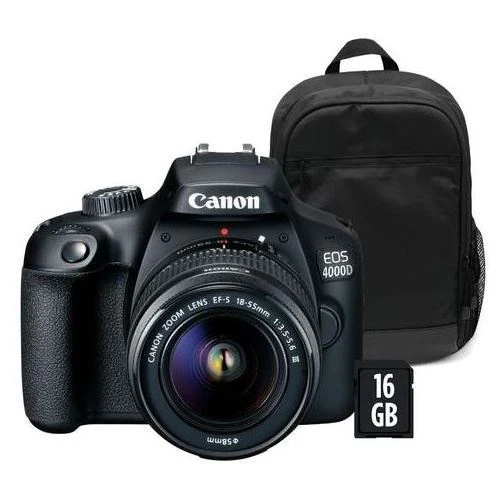 Máquina Fotográfica Canon EOS 4000D Preta + EF-S 18-55 f/3.5-5.6 + Mochila + SD 16GB