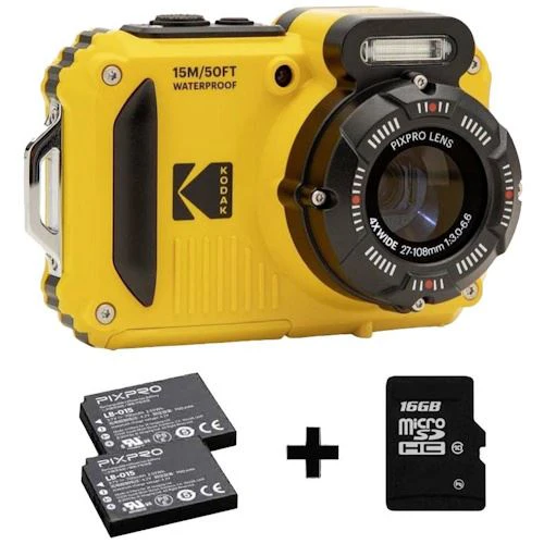 Pack Máquina Fotográfica Compacta Kodak PixPro WPZ2 + 2x Bateria + Cartão MicroSD 16GB - Amarelo