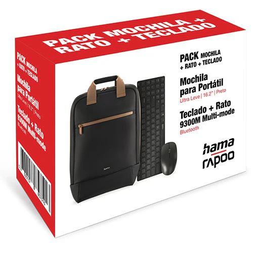 Pack Rato + Teclado Rapoo 9300M + Mochila Hama 16.2'' - Preto