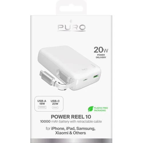 Powerbank com Cabo USB-C Retráctil Puro Power Reel 10 - 10000 mAh - Branco - Image 2