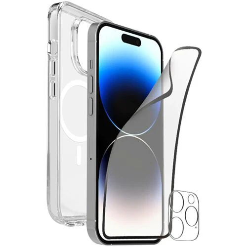 Capa Puro + Película Protetora de Ecrã + Película Lente Câmara para iPhone 15 Pro Max - Transparente