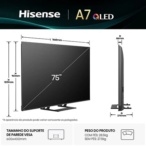 Smart TV Hisense 75" QLED UHD 4K 75A7Q - 189cm - Image 2